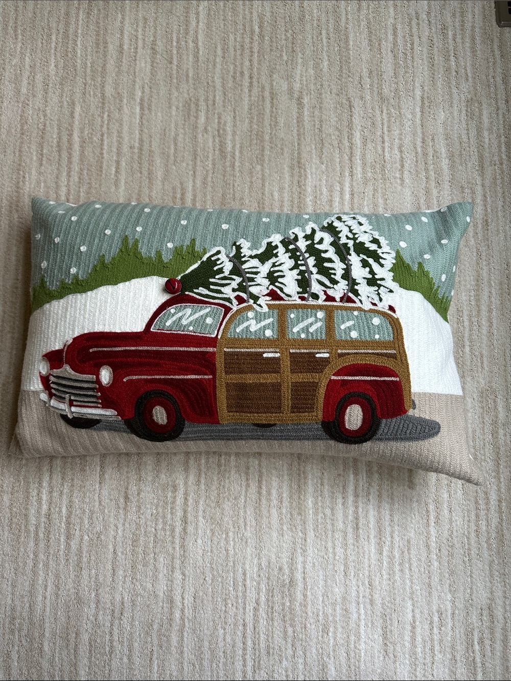 Pottery Barn Woody Car Crewel Embroidered Lumbar Pillow Cover & Pillow Insert